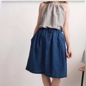 NWT L LINEN SEA 100% linen blue elastic adjustable waist relaxed fit midi skirt